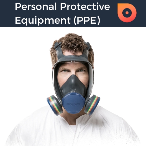 Image of Person with PPE on with a title of Personal Protective Equipment and a link to the Product category PPE